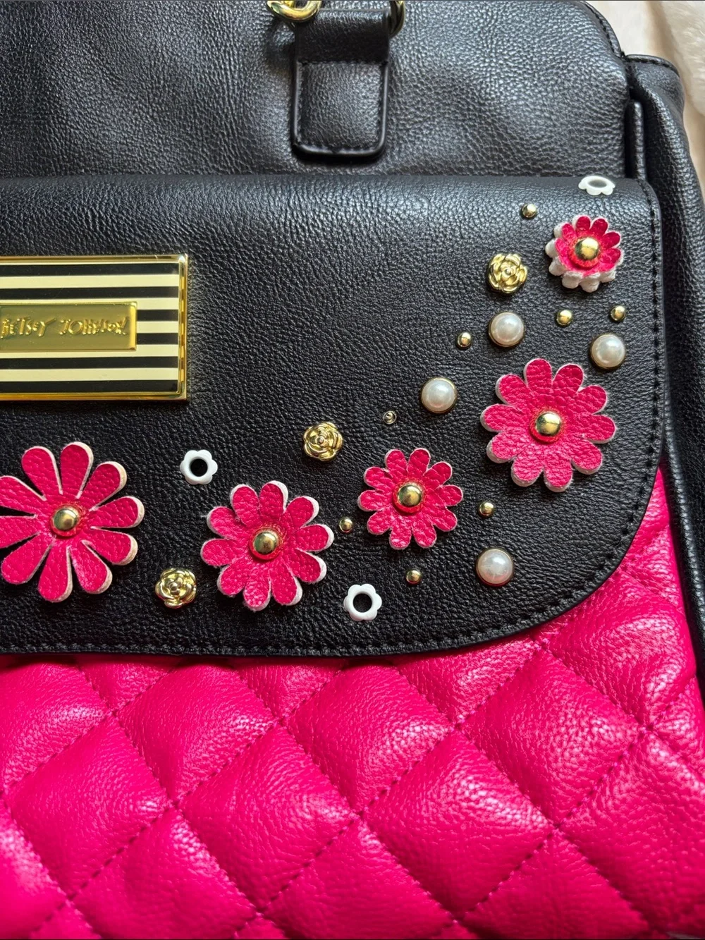 Betsey Johnson Black & Hot Pink Floral Appliqué Satchel